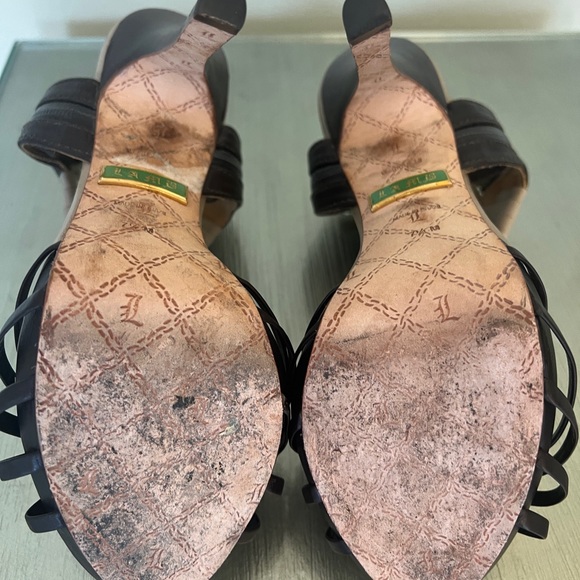 L.A.M.B. Leather Stiletto Heels T-Strap Ankle Zip Brown & Taupe size 7.5 - Picture 4 of 12